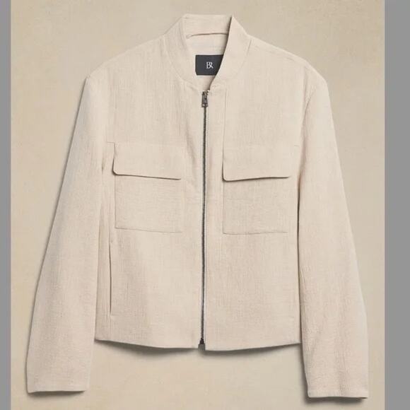 BANANA REPUBLIC Bella Bomber Jacket Cotton Linen Full Front Zip Cream W's Large - Picture 2 of 11